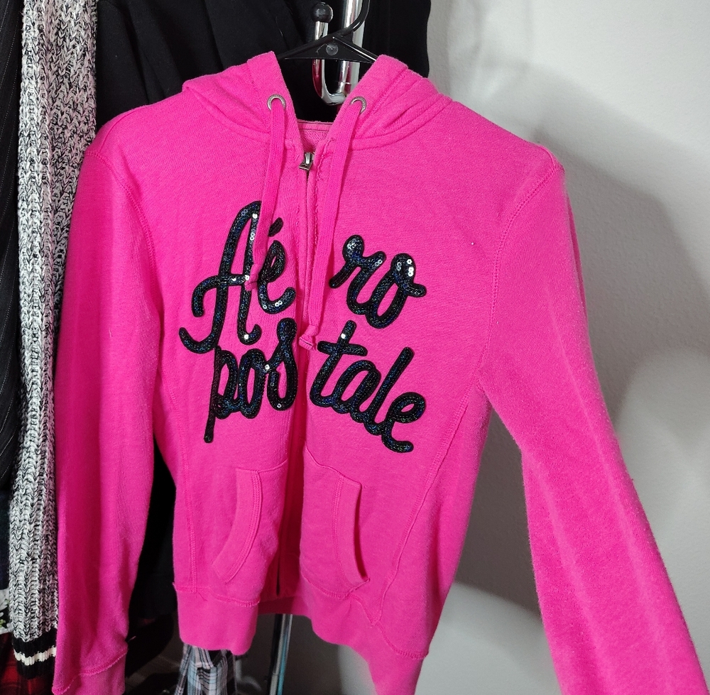 Aeropostale Hot Pink and Black Holographic Sequin Y2K 2000s Zip Up Hoodie